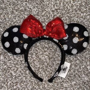 Disney Black and White Minnie Mouse Ears with Red Sequin Bow and Polka Dots
